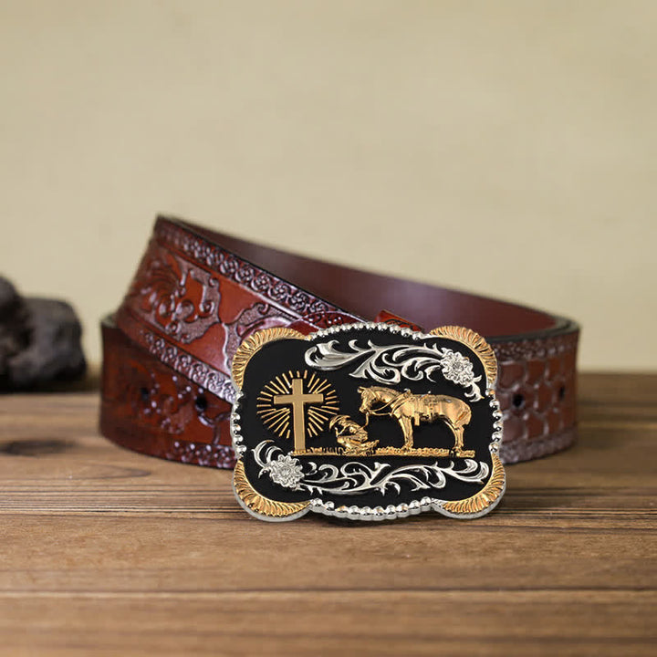 Cinturón de cuero con hebilla de oración de rodillas para hombre, hecho a mano, con oro