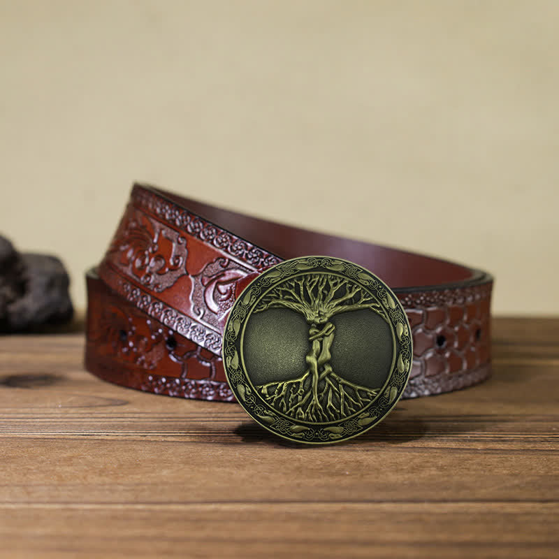 Cinturón de cuero con hebilla de olmo y fresno para hombre, hecho a mano, con el árbol de la vida