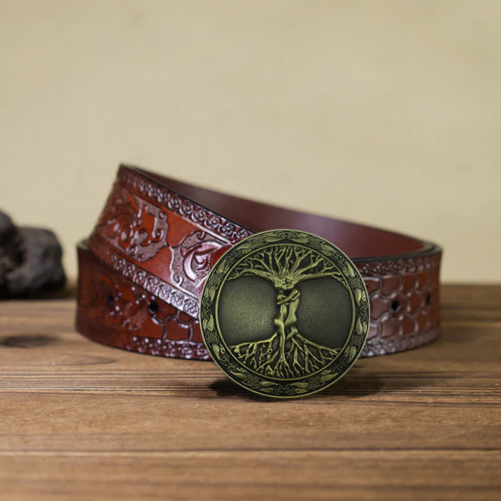 Cinturón de cuero con hebilla de olmo y fresno para hombre, hecho a mano, con el árbol de la vida