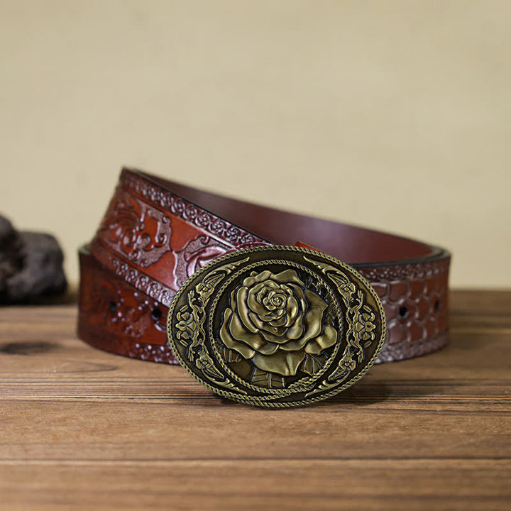 Cinturón de cuero con hebilla de rosa occidental para hombre, moderno y hecho a mano