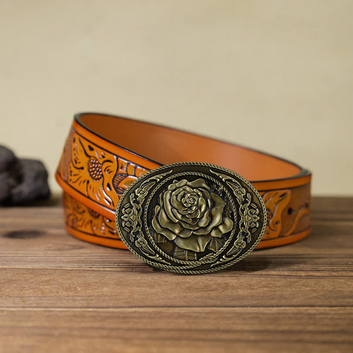 Cinturón de cuero con hebilla de rosa occidental para hombre, moderno y hecho a mano