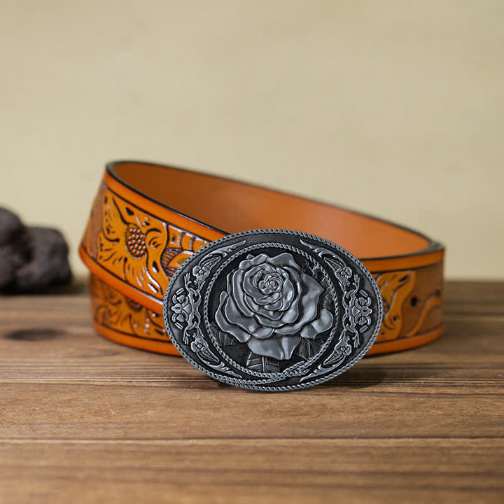 Cinturón de cuero con hebilla de rosa occidental para hombre, moderno y hecho a mano