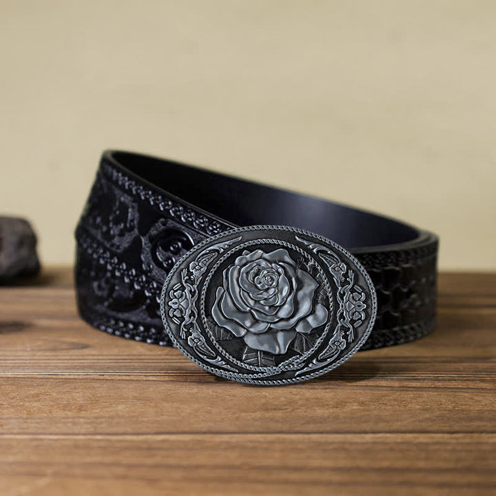 Cinturón de cuero con hebilla de rosa occidental para hombre, moderno y hecho a mano