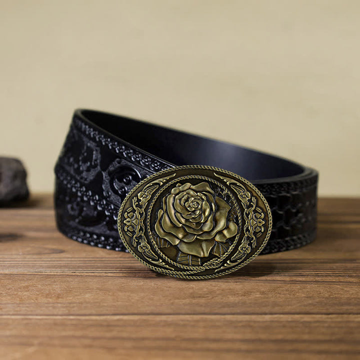 Cinturón de cuero con hebilla de rosa occidental para hombre, moderno y hecho a mano