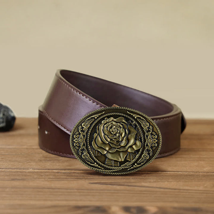 Cinturón de cuero con hebilla de rosa occidental para hombre, moderno y hecho a mano