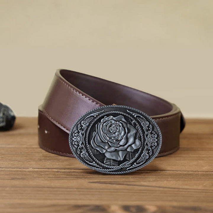 Cinturón de cuero con hebilla de rosa occidental para hombre, moderno y hecho a mano