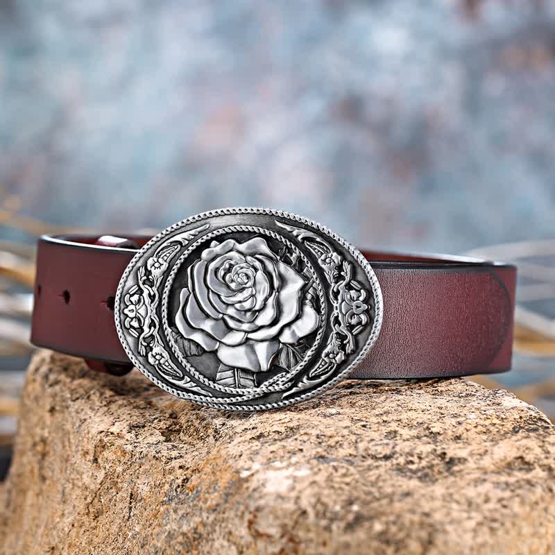 Cinturón de cuero con hebilla de rosa occidental para hombre, moderno y hecho a mano