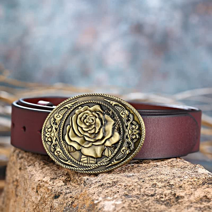 Cinturón de cuero con hebilla de rosa occidental para hombre, moderno y hecho a mano
