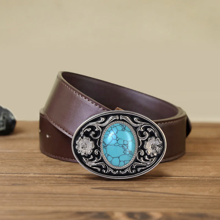 Cinturón de cuero con hebilla estilo western con piedra turquesa para hombre, hecho a mano