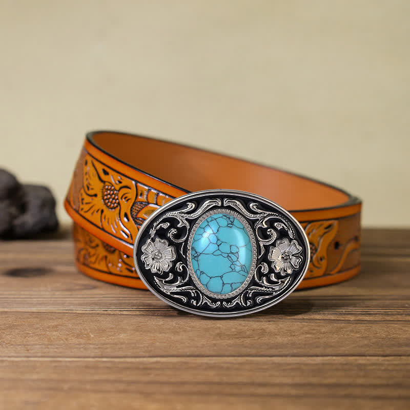 Cinturón de cuero con hebilla estilo western con piedra turquesa para hombre, hecho a mano