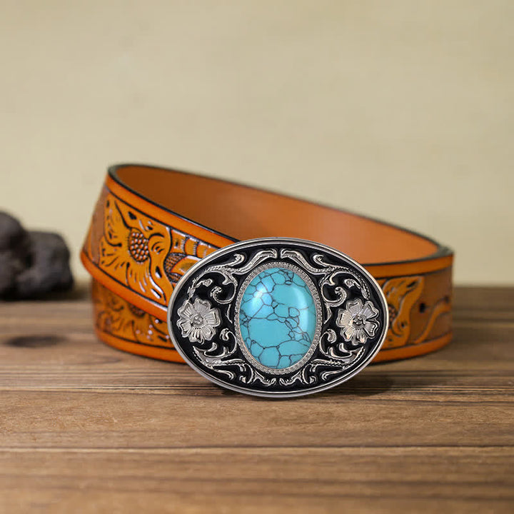 Cinturón de cuero con hebilla estilo western con piedra turquesa para hombre, hecho a mano