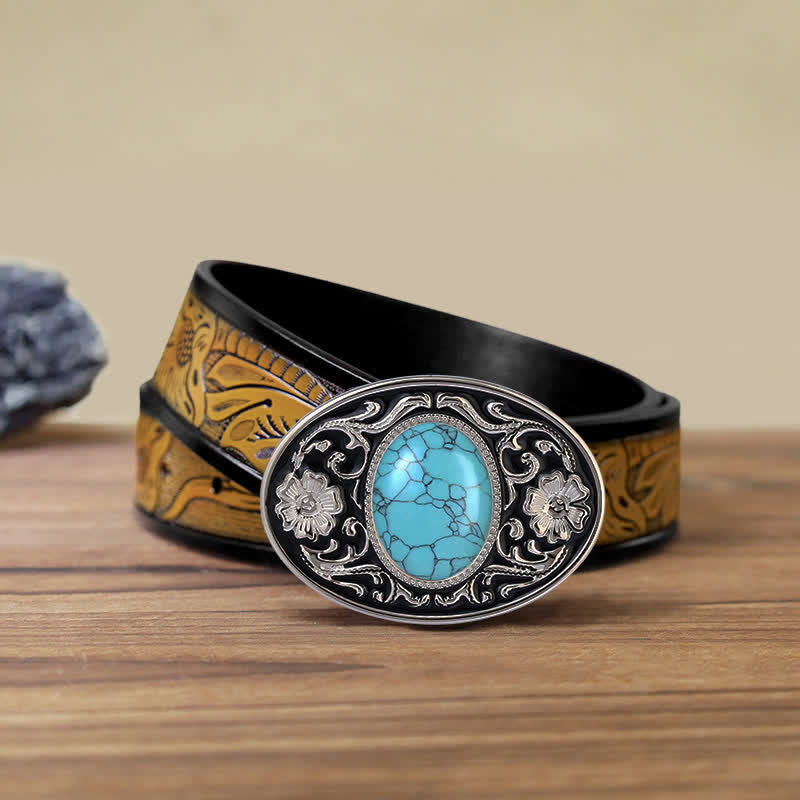 Cinturón de cuero con hebilla estilo western con piedra turquesa para hombre, hecho a mano