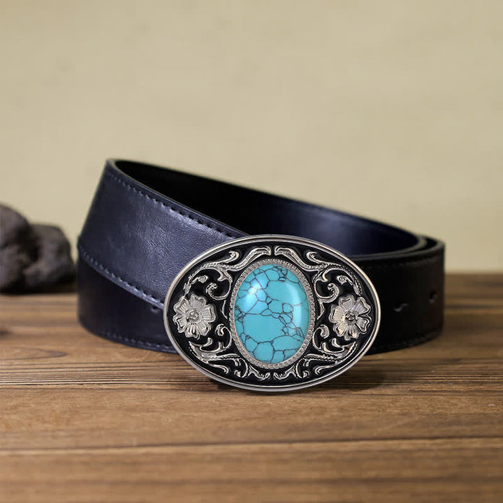 Cinturón de cuero con hebilla estilo western con piedra turquesa para hombre, hecho a mano
