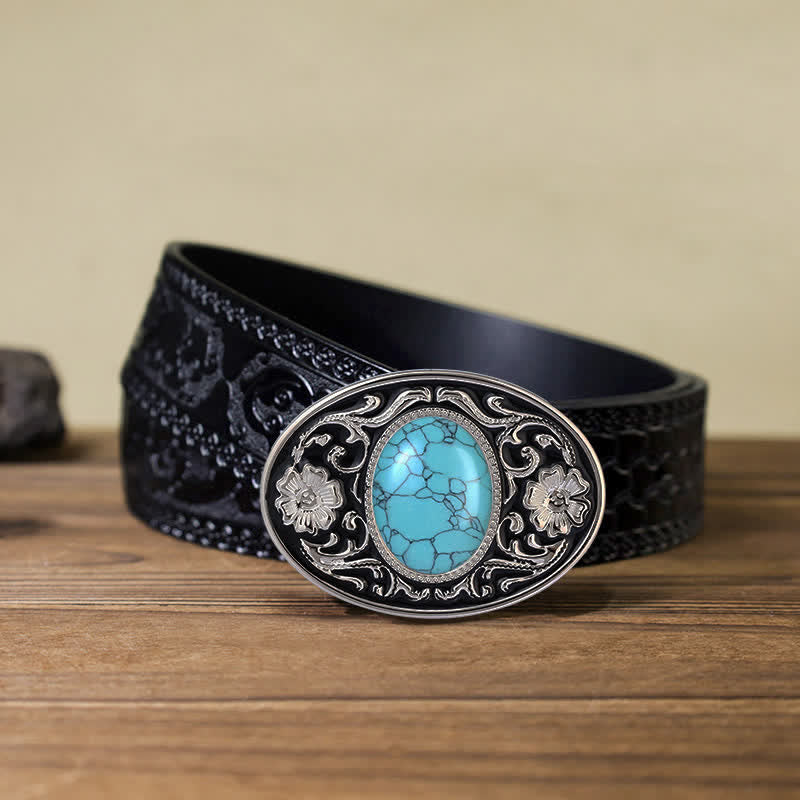 Cinturón de cuero con hebilla estilo western con piedra turquesa para hombre, hecho a mano