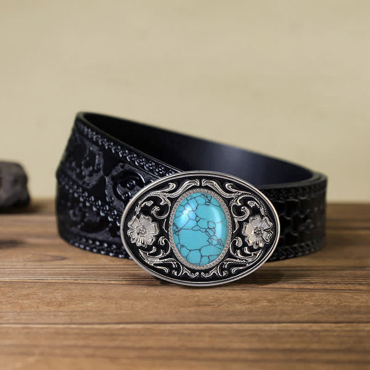 Cinturón de cuero con hebilla estilo western con piedra turquesa para hombre, hecho a mano