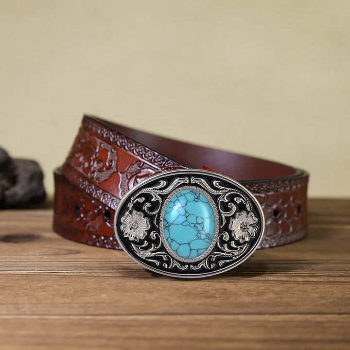 Cinturón de cuero con hebilla estilo western con piedra turquesa para hombre, hecho a mano