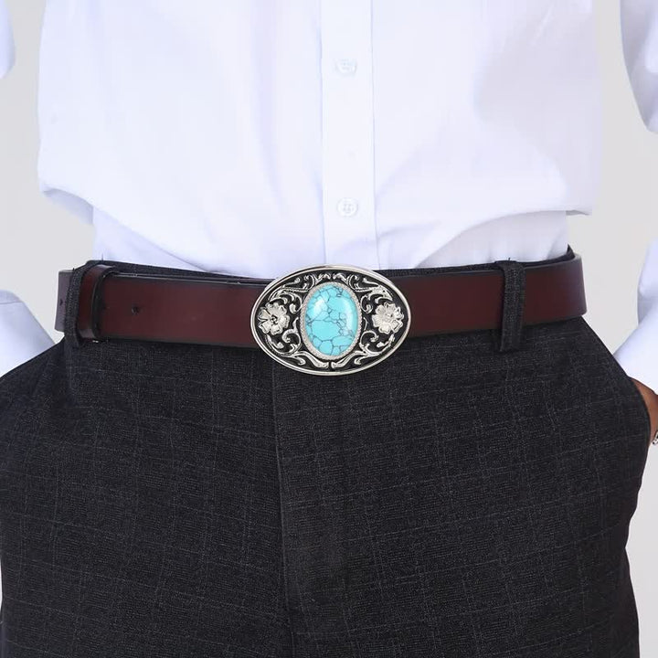 Cinturón de cuero con hebilla estilo western con piedra turquesa para hombre, hecho a mano