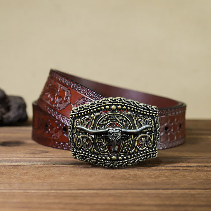 Cinturón de cuero con hebilla de cabeza de toro hueca para hombre hecho a mano