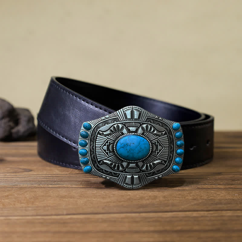 Cinturón de cuero con hebilla bohemia de color turquesa artificial para hombre hecho a mano