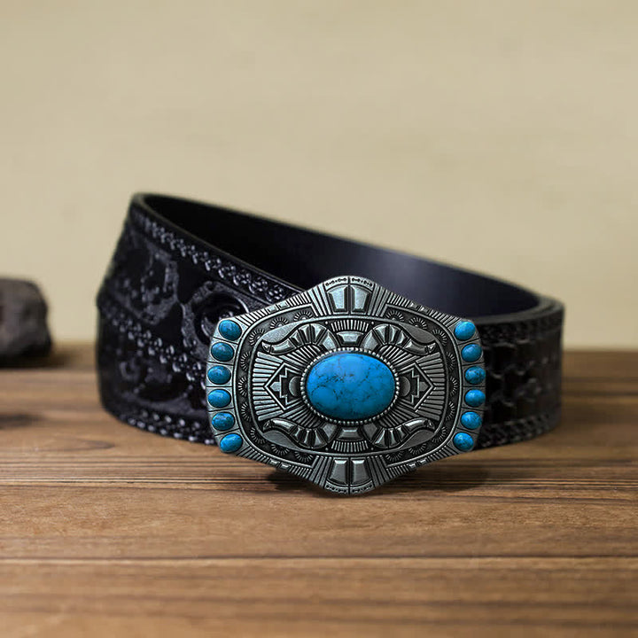 Cinturón de cuero con hebilla bohemia de color turquesa artificial para hombre hecho a mano