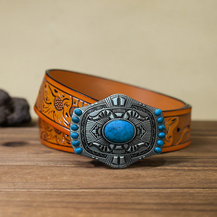 Cinturón de cuero con hebilla bohemia de color turquesa artificial para hombre hecho a mano