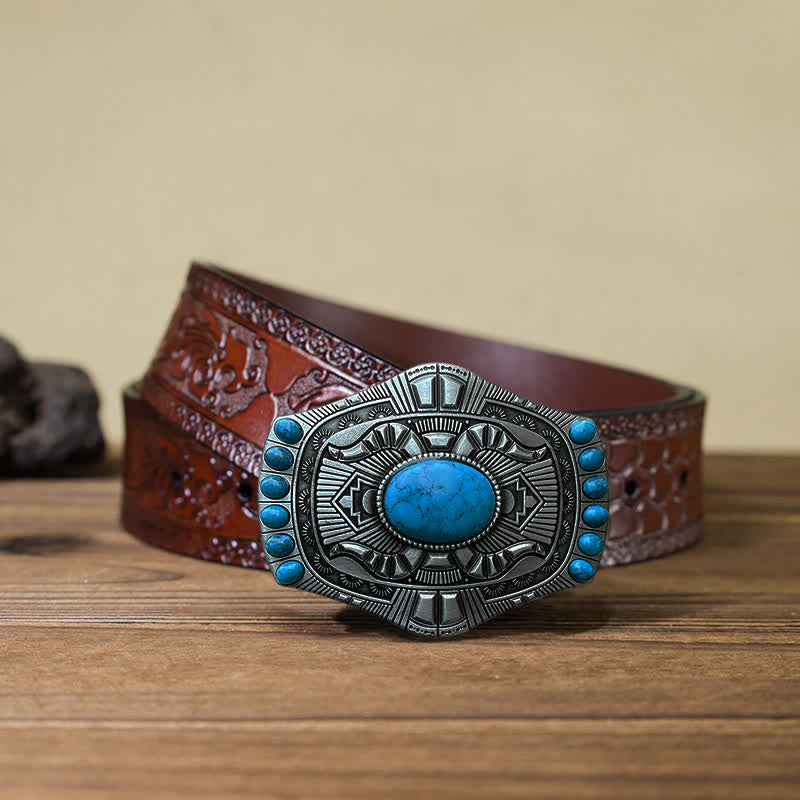 Cinturón de cuero con hebilla bohemia de color turquesa artificial para hombre hecho a mano