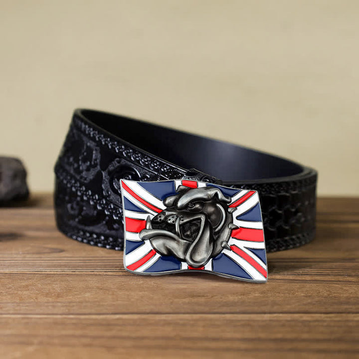 Cinturón de cuero con hebilla de cabeza de bulldog con bandera británica para hombre hecho a mano