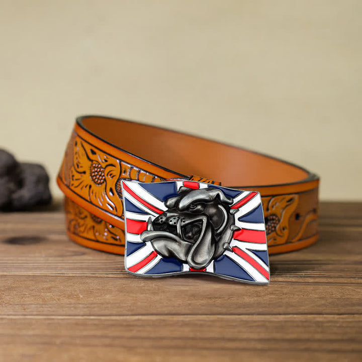 Cinturón de cuero con hebilla de cabeza de bulldog con bandera británica para hombre hecho a mano