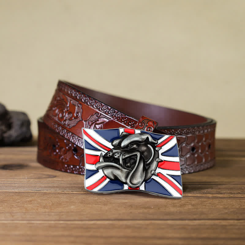Cinturón de cuero con hebilla de cabeza de bulldog con bandera británica para hombre hecho a mano