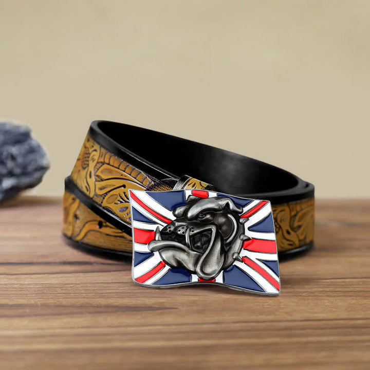 Cinturón de cuero con hebilla de cabeza de bulldog con bandera británica para hombre hecho a mano
