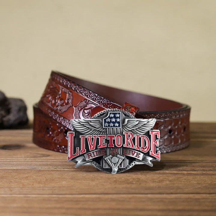 Cinturón de cuero con hebilla de alas Live To Ride para hombre, hecho a mano en motocicleta