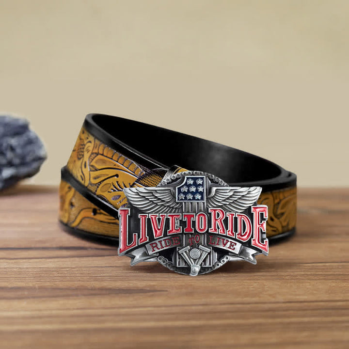 Cinturón de cuero con hebilla de alas Live To Ride para hombre, hecho a mano en motocicleta