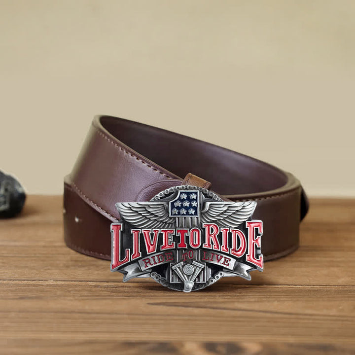 Cinturón de cuero con hebilla de alas Live To Ride para hombre, hecho a mano en motocicleta