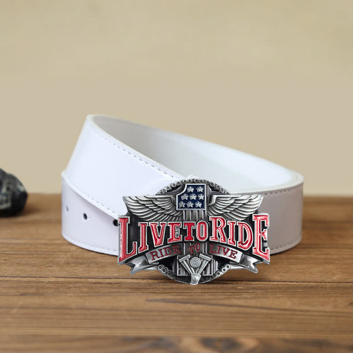 Cinturón de cuero con hebilla de alas Live To Ride para hombre, hecho a mano en motocicleta