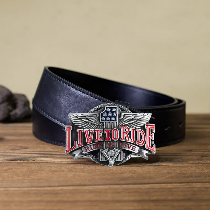 Cinturón de cuero con hebilla de alas Live To Ride para hombre, hecho a mano en motocicleta