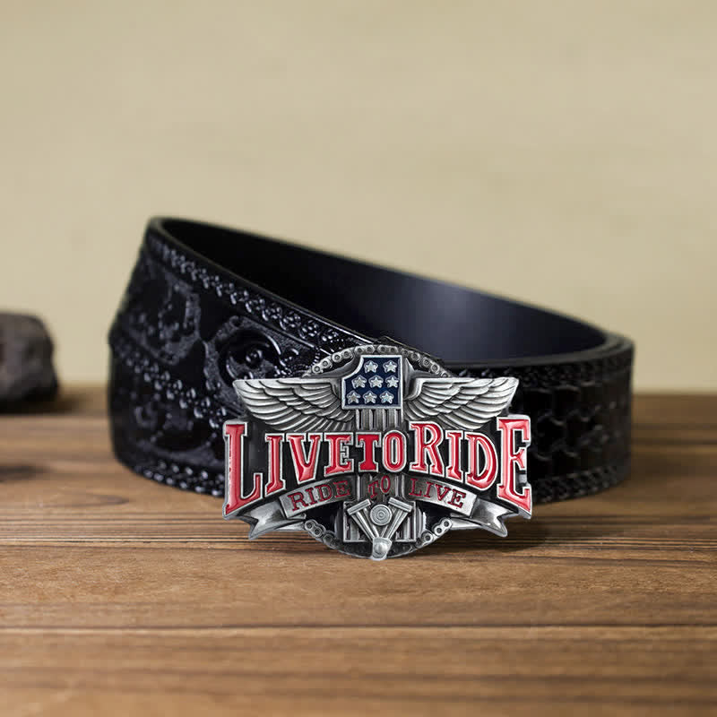 Cinturón de cuero con hebilla de alas Live To Ride para hombre, hecho a mano en motocicleta