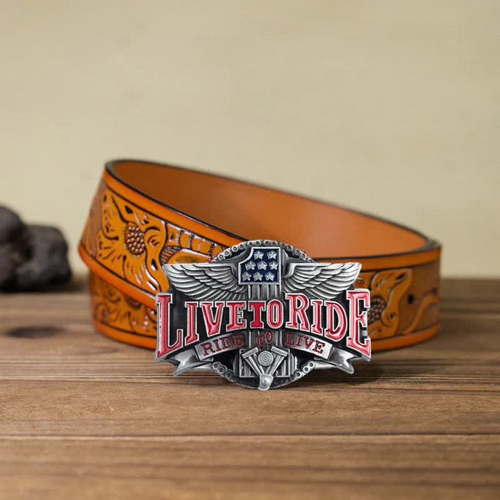 Cinturón de cuero con hebilla de alas Live To Ride para hombre, hecho a mano en motocicleta