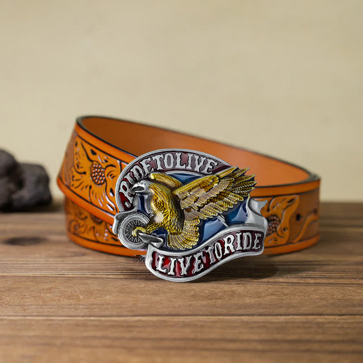 Cinturón de cuero con hebilla Live to Ride de águila sobre ruedas para hombre, hecho a mano
