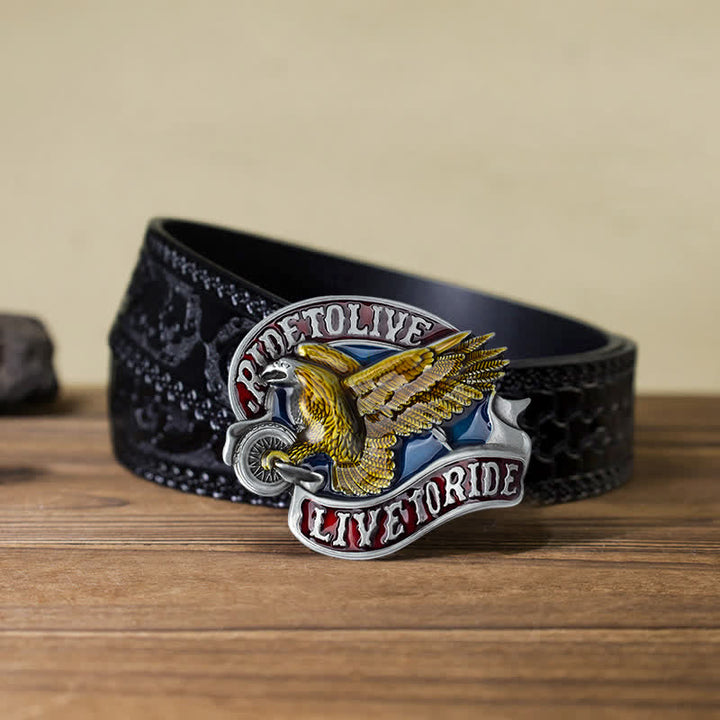 Cinturón de cuero con hebilla Live to Ride de águila sobre ruedas para hombre, hecho a mano
