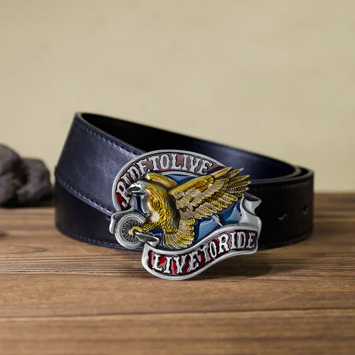 Cinturón de cuero con hebilla Live to Ride de águila sobre ruedas para hombre, hecho a mano
