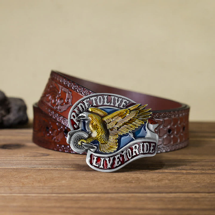 Cinturón de cuero con hebilla Live to Ride de águila sobre ruedas para hombre, hecho a mano