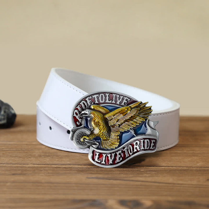 Cinturón de cuero con hebilla Live to Ride de águila sobre ruedas para hombre, hecho a mano