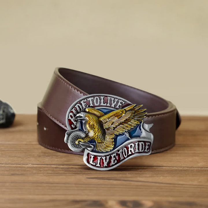 Cinturón de cuero con hebilla Live to Ride de águila sobre ruedas para hombre, hecho a mano