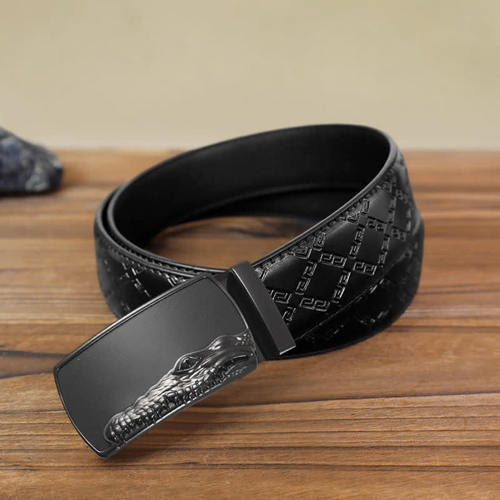 Cinturón de cuero con hebilla automática con cabeza de cocodrilo negra para hombre hecho a mano