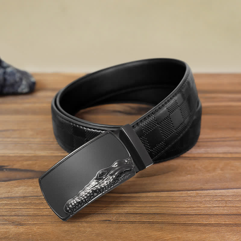Cinturón de cuero con hebilla automática con cabeza de cocodrilo negra para hombre hecho a mano