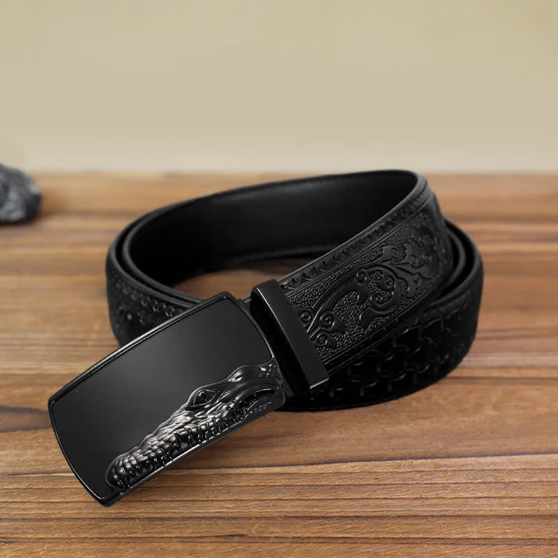 Cinturón de cuero con hebilla automática con cabeza de cocodrilo negra para hombre hecho a mano