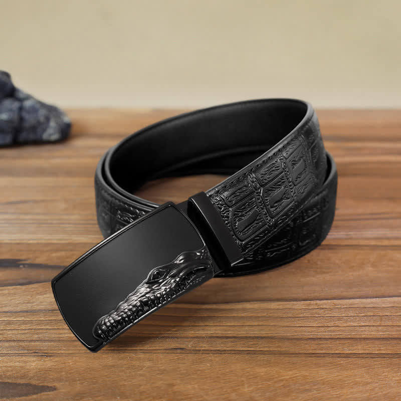 Cinturón de cuero con hebilla automática con cabeza de cocodrilo negra para hombre hecho a mano