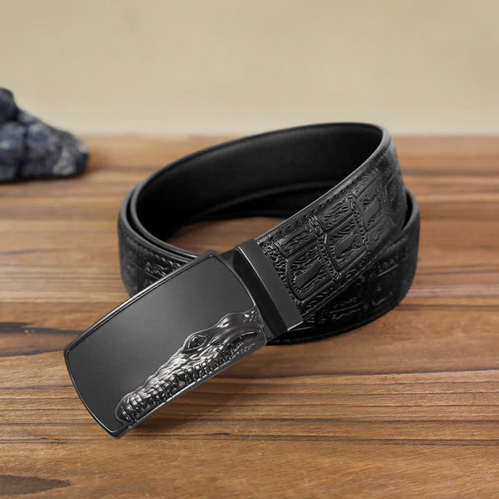Cinturón de cuero con hebilla automática con cabeza de cocodrilo negra para hombre hecho a mano