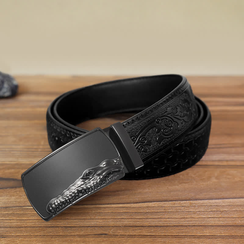 Cinturón de cuero con hebilla automática con cabeza de cocodrilo negra para hombre hecho a mano