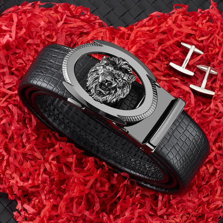 Cinturón de cuero con hebilla automática hueca para hombre con diseño de león